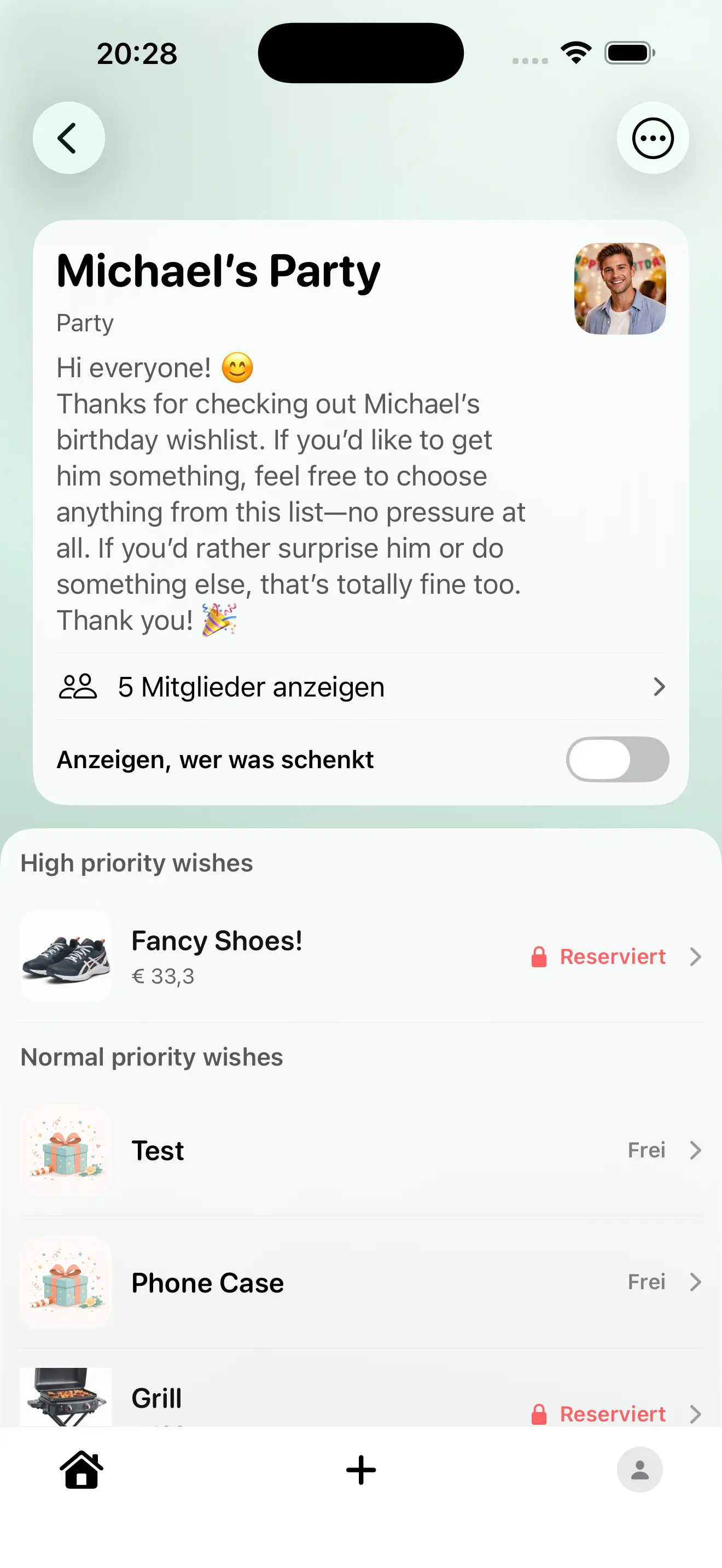 App Screenshot: Gruppen & Wünsche